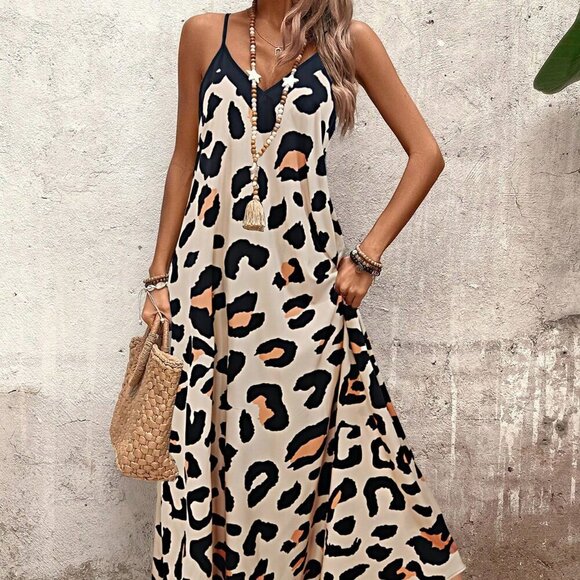 Multicolor Casual Women's Leopard Print Maxi Loose Cami Dress - Picture 3 of 7